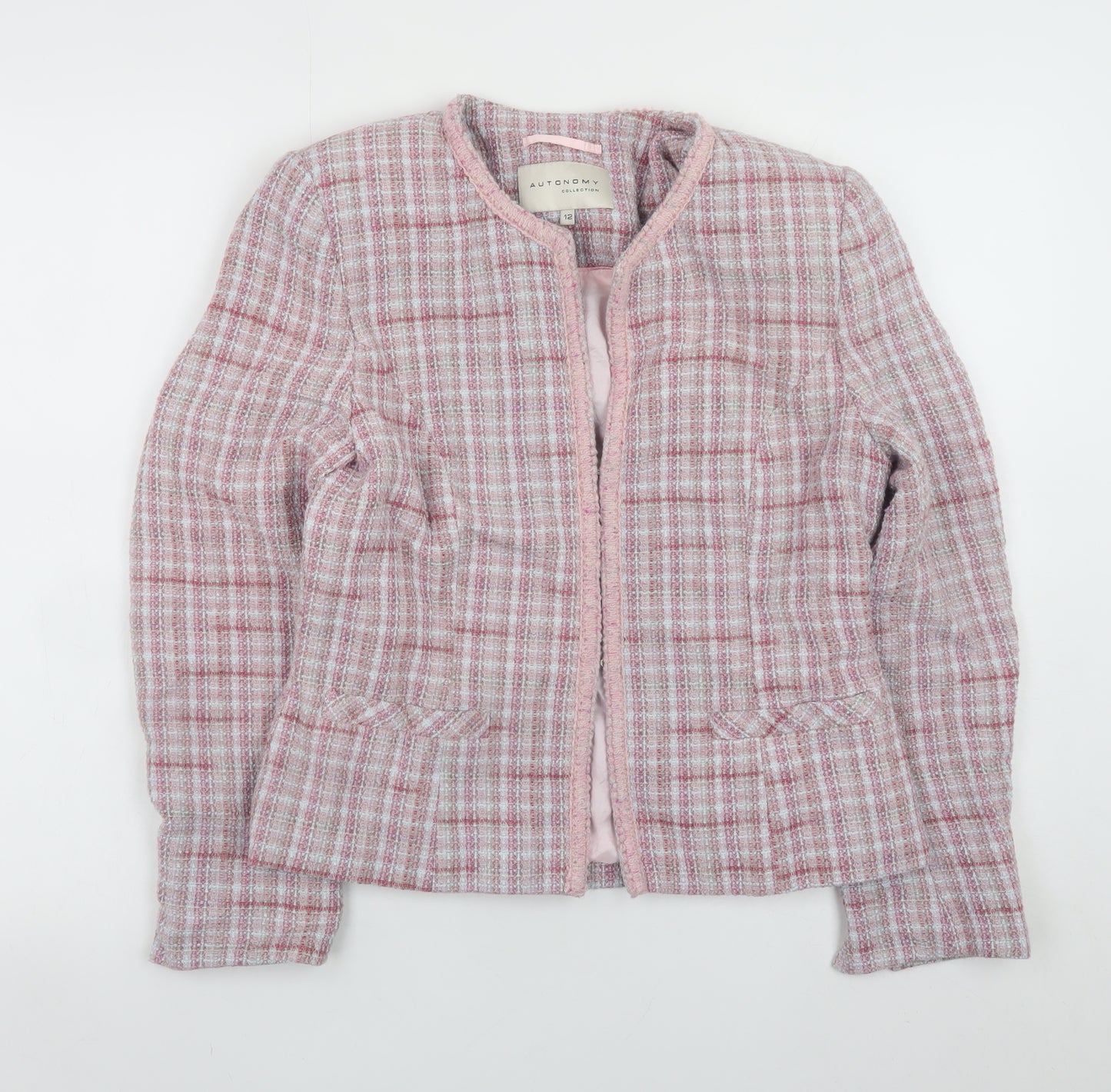 Autonomy Womens Pink Tweed Check Collarless Jacket Size 12