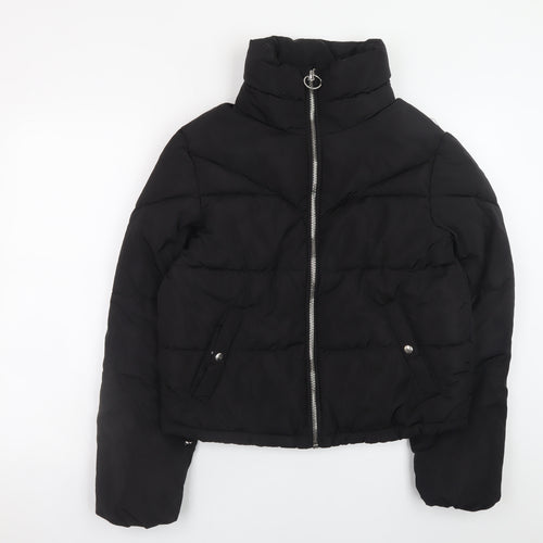 Bershka Women Black Short Puffer Jacket Size S Zip Quilted Winter Coat
