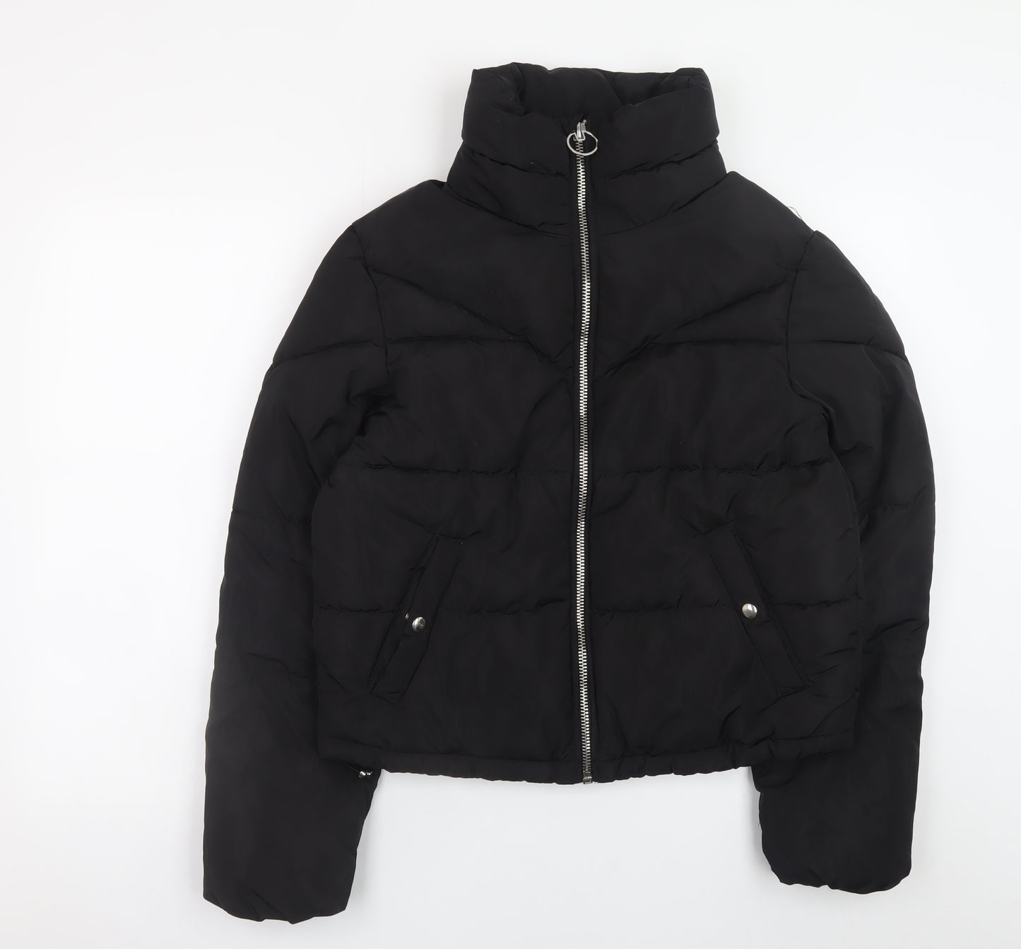 Bershka Women Black Short Puffer Jacket Size S Zip Quilted Winter Coat