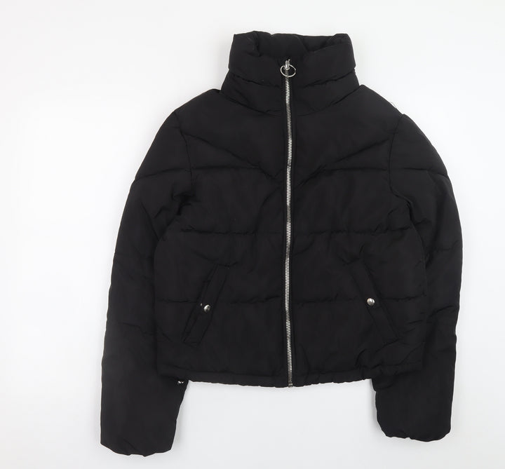 Bershka Women Black Short Puffer Jacket Size S Zip Quilted Winter Coat