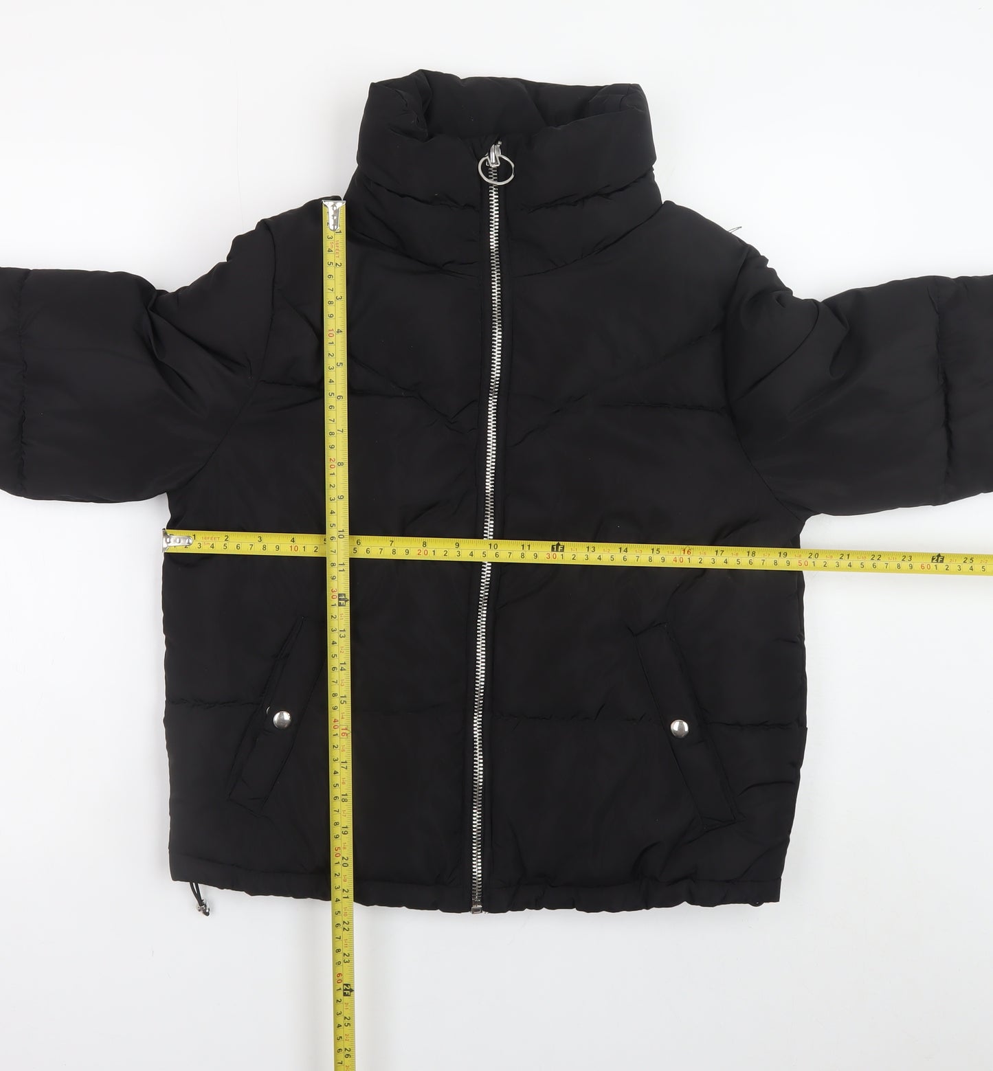 Bershka Women Black Short Puffer Jacket Size S Zip Quilted Winter Coat