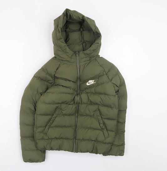 Nike Boys Green Hooded Puffer Jacket 8-9 Years Full Zip Lined Winter Coat