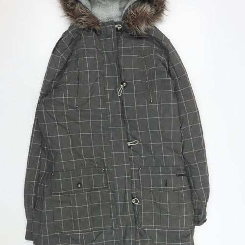 Billabong Womens Grey Checked Faux Fur Hooded Long Parka Coat L