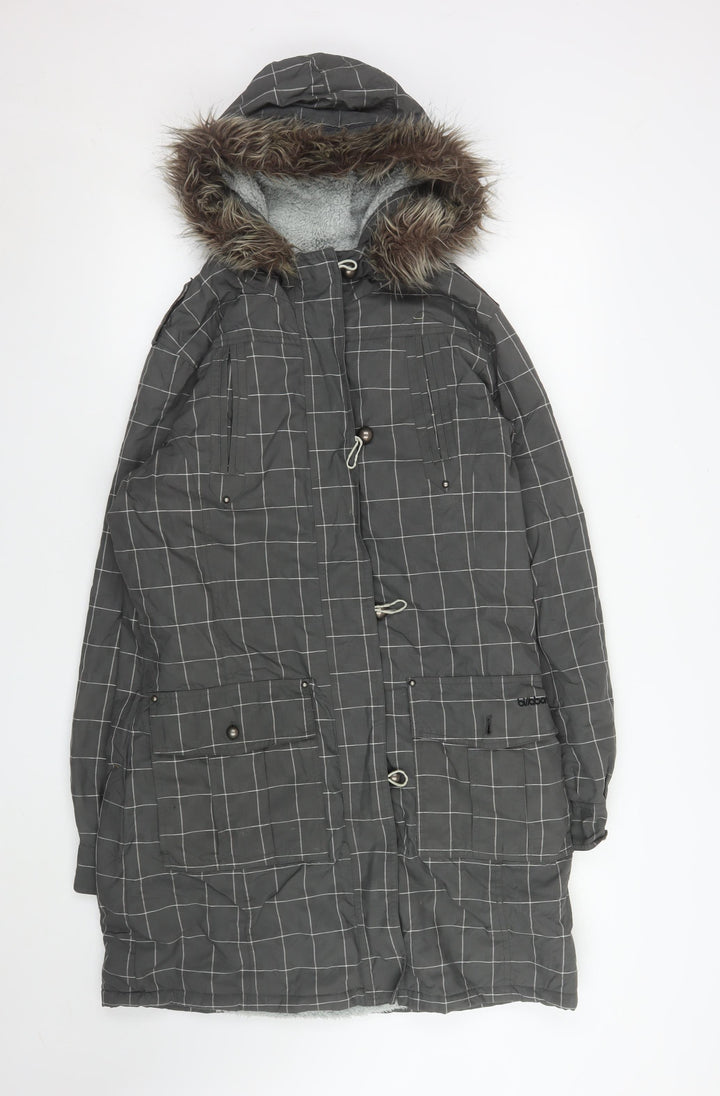 Billabong Womens Grey Checked Faux Fur Hooded Long Parka Coat L