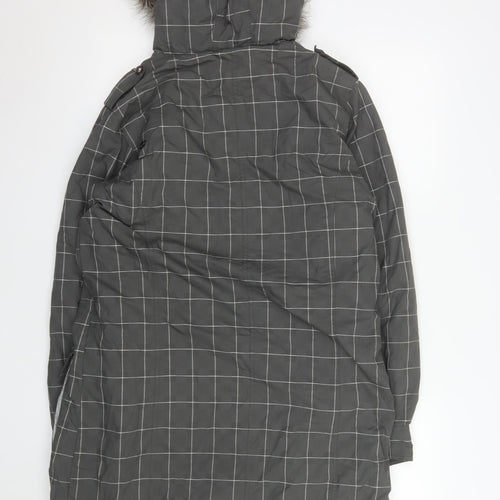 Billabong Womens Grey Checked Faux Fur Hooded Long Parka Coat L