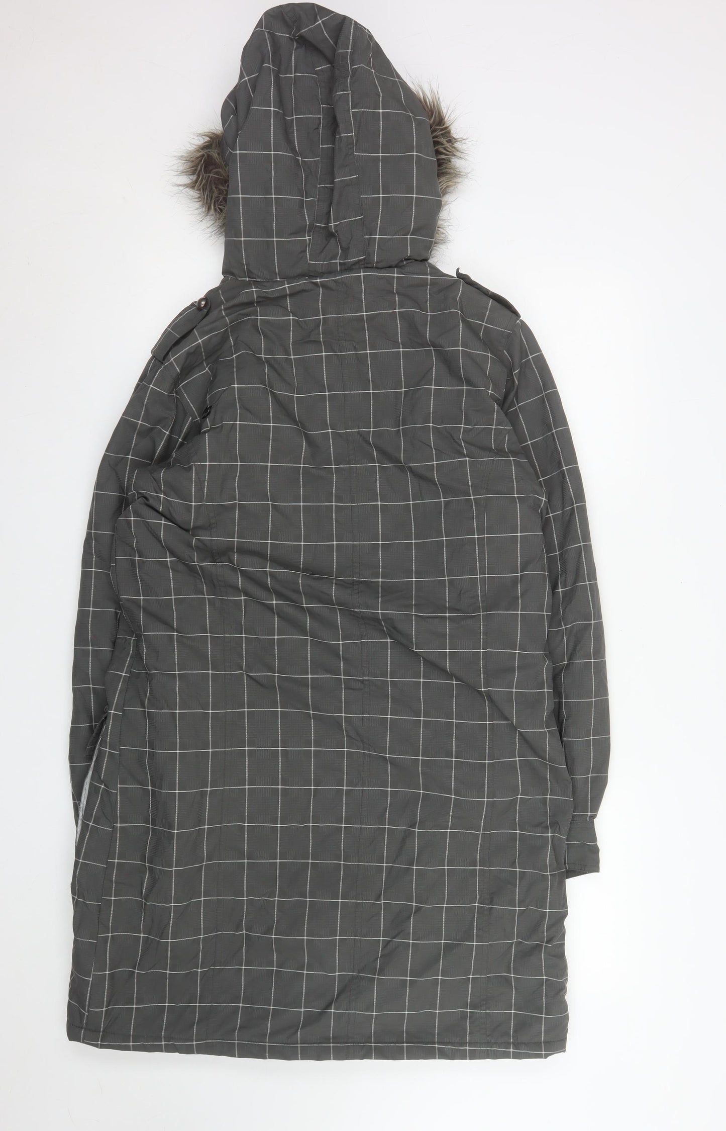 Billabong Womens Grey Checked Faux Fur Hooded Long Parka Coat L