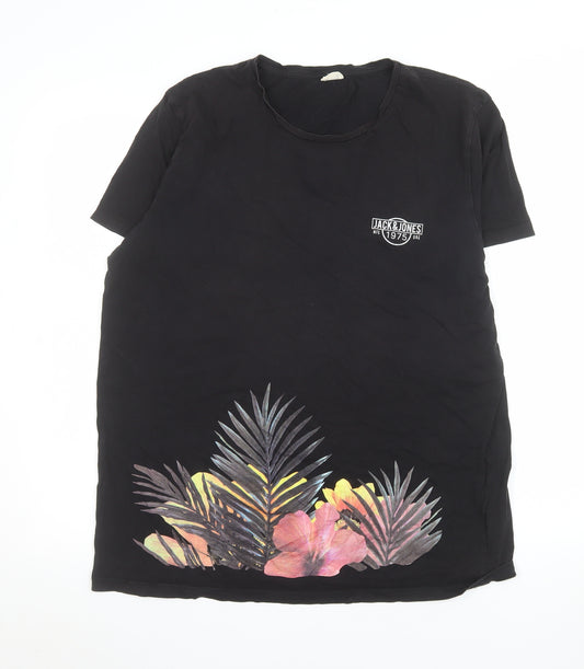 Jack & Jones Men's Black XL Tropical Floral Graphic T-Shirt