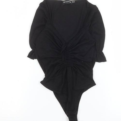 PrettyLittleThing Womens Black Bodysuit Size 4 Ruched Puff Sleeve