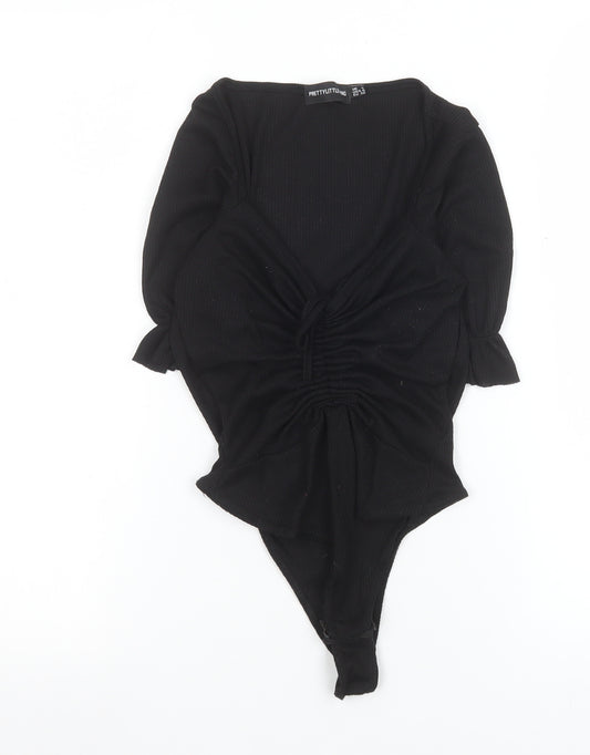 PrettyLittleThing Womens Black Bodysuit Size 4 Ruched Puff Sleeve