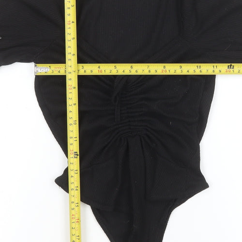PrettyLittleThing Womens Black Bodysuit Size 4 Ruched Puff Sleeve