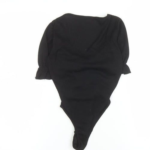 PrettyLittleThing Womens Black Bodysuit Size 4 Ruched Puff Sleeve