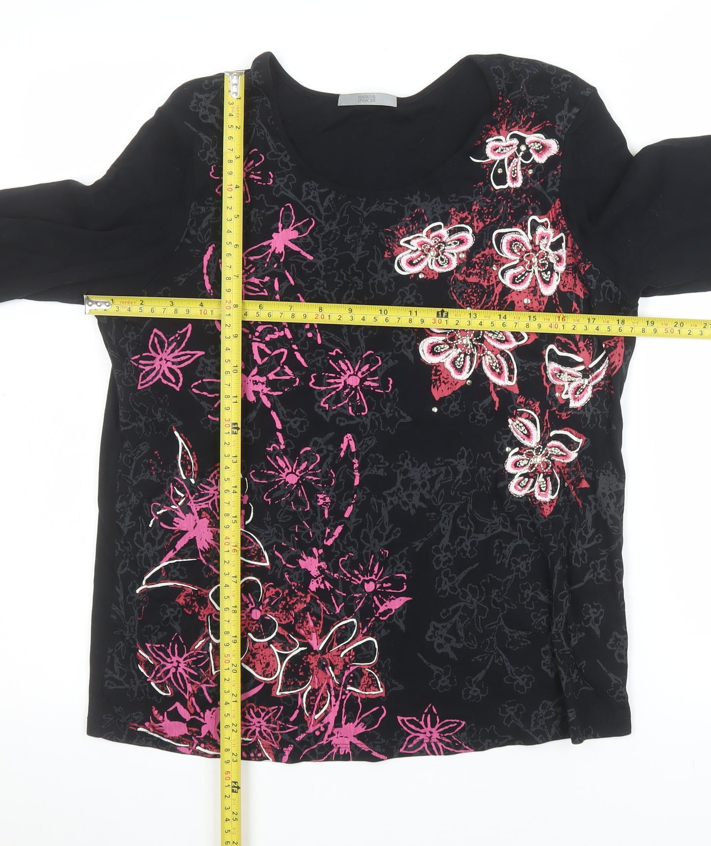 Marks and Spencer Women’s Black Floral Beaded Long Sleeve Cotton Top Size 14