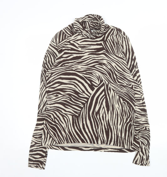 H&M Women’s Brown Zebra Print Roll Neck Long Sleeve Top Size L