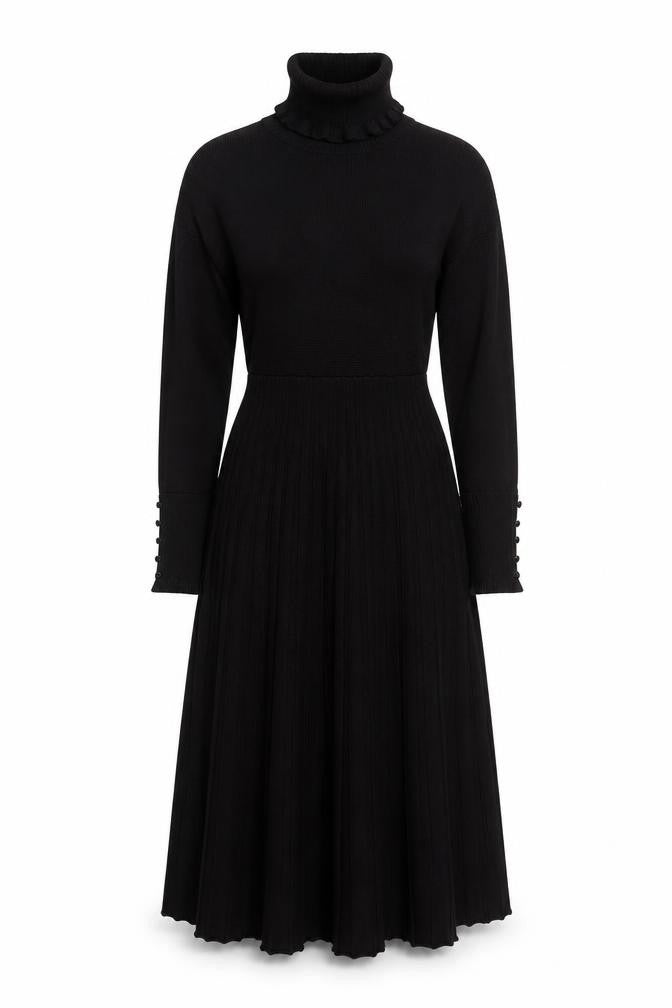 Monsoon Women Black Knit Fit & Flare Long Sleeve High Neck Dress M