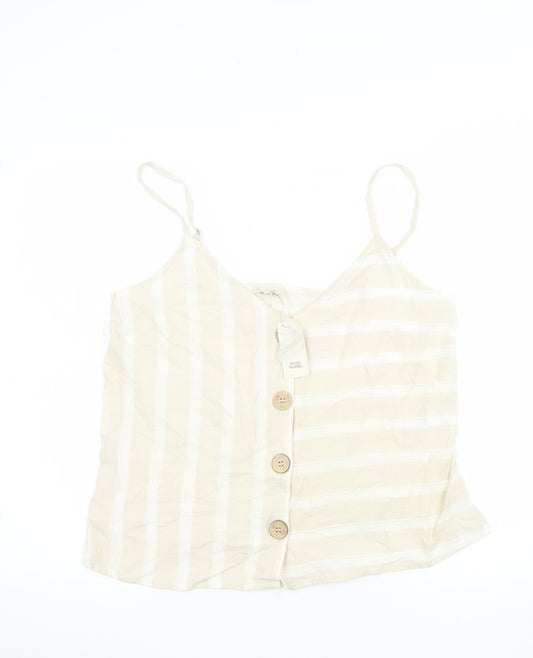 River Island Women's Beige Striped Linen Cotton Camisole Top UK 12