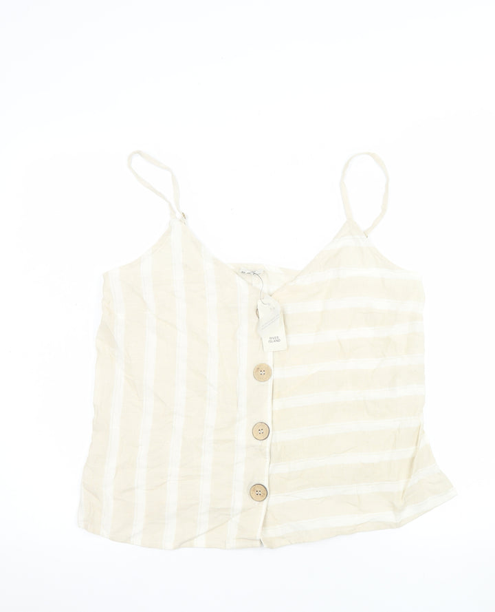 River Island Women's Beige Striped Linen Cotton Camisole Top UK 12