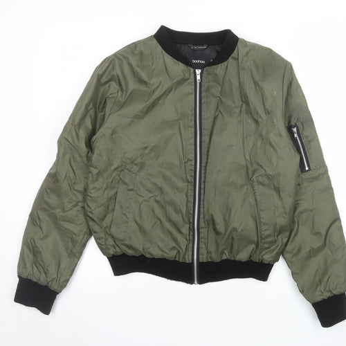Boohoo Women's Green Bomber Jacket UK 8 Full Zip Casual