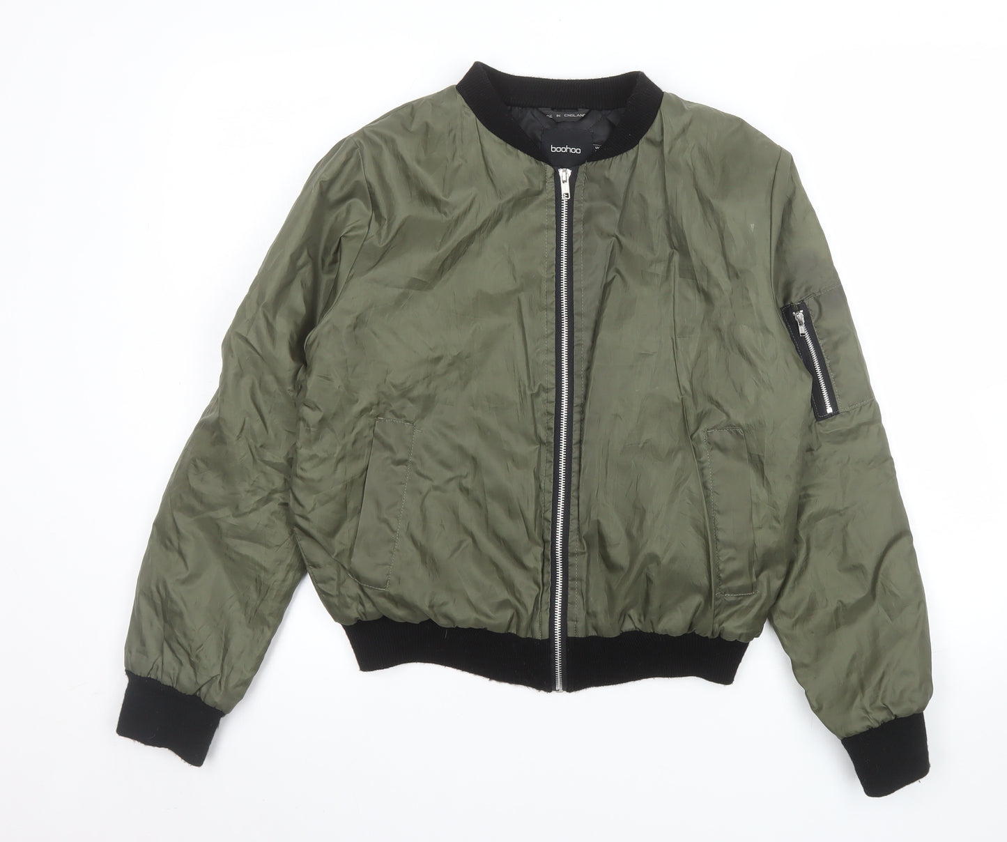 Boohoo Women's Green Bomber Jacket UK 8 Full Zip Casual