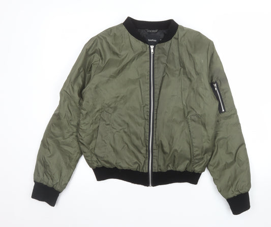 Boohoo Women's Green Bomber Jacket UK 8 Full Zip Casual