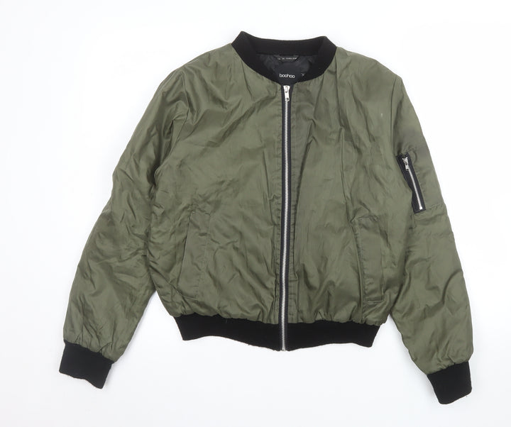 Boohoo Women's Green Bomber Jacket UK 8 Full Zip Casual