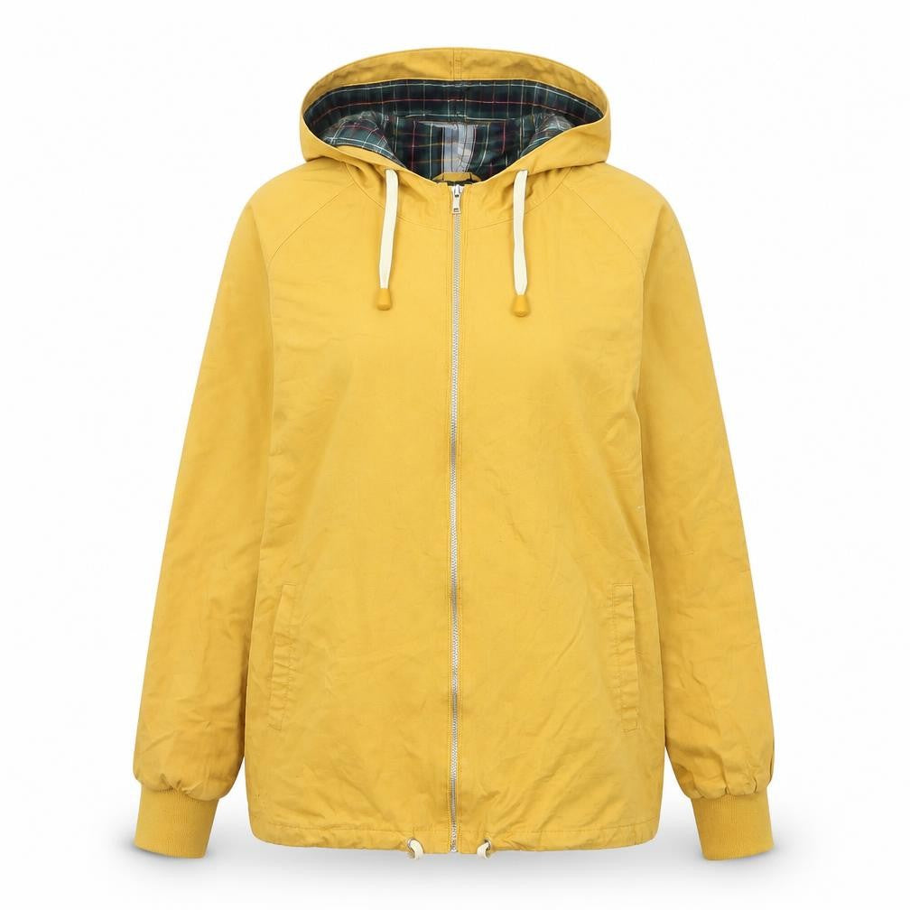 Front view of Pop England women’s yellow hooded cotton windbreaker jacket m