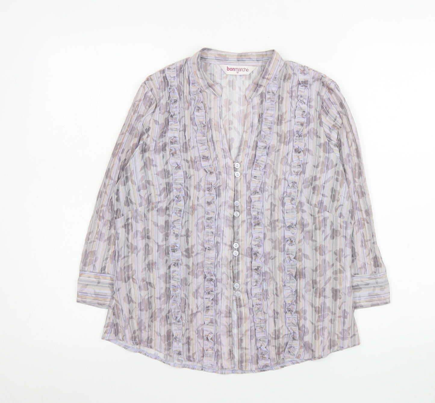Bonmarché Women’s Multicoloured Ruffle Button 3/4 Sleeve Tunic Blouse Size 12