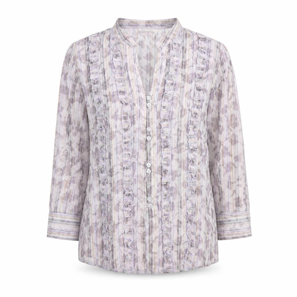 Front view of Bonmarché Women’s Multicoloured Ruffle Button 3/4 Sleeve Tunic Blouse, size UK 12
