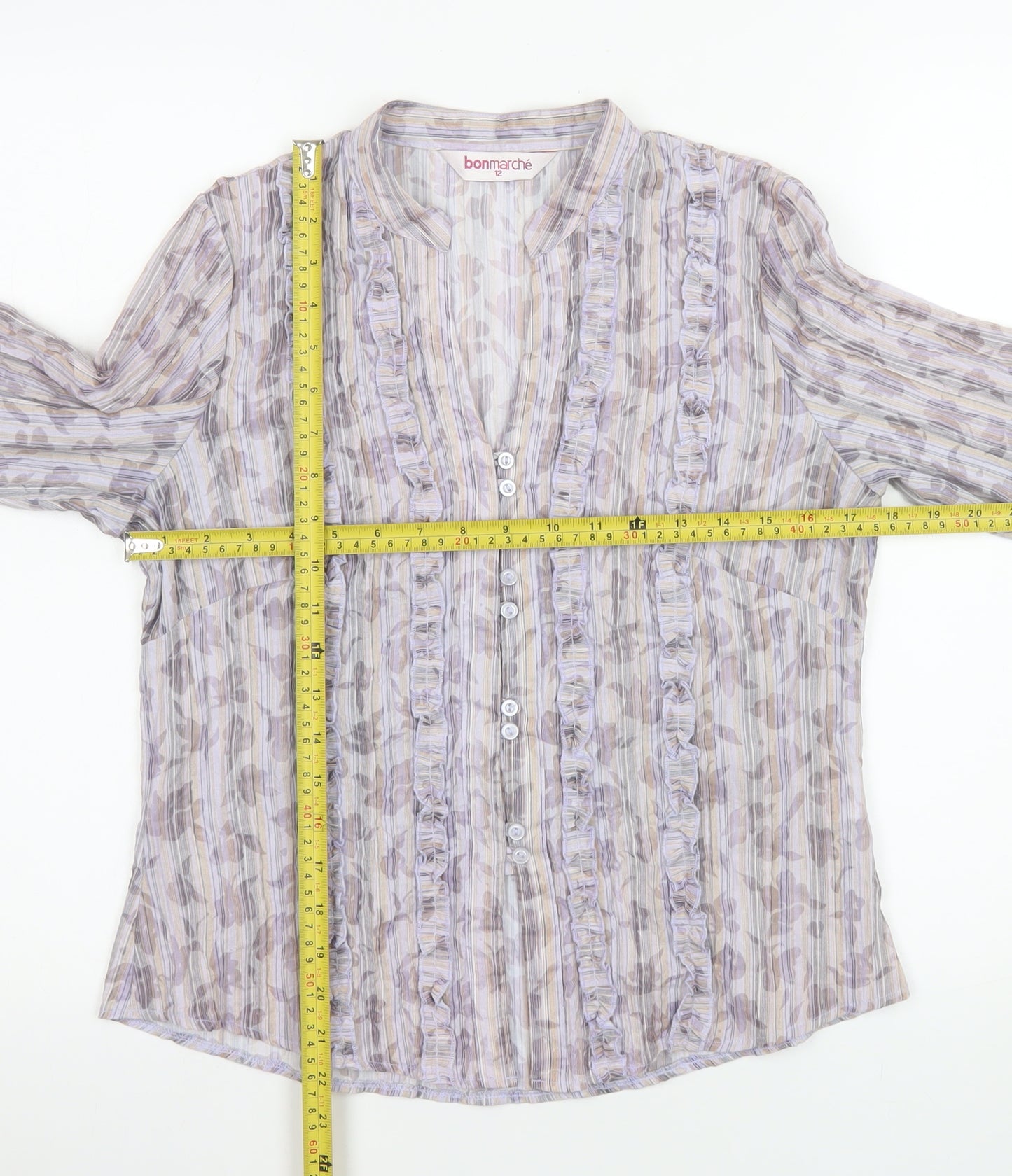 Bonmarché Women’s Multicoloured Ruffle Button 3/4 Sleeve Tunic Blouse Size 12