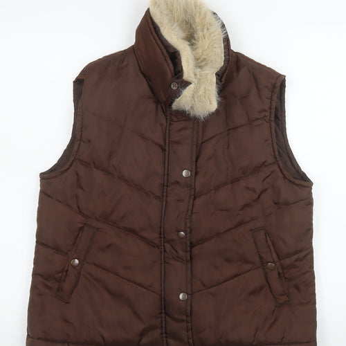 E-vie Women Brown Size 16 Puffer Fur Trim Sleeveless Waistcoat