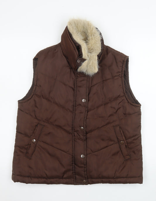 E-vie Women Brown Size 16 Puffer Fur Trim Sleeveless Waistcoat