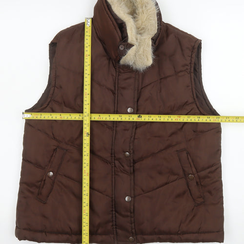 E-vie Women Brown Size 16 Puffer Fur Trim Sleeveless Waistcoat