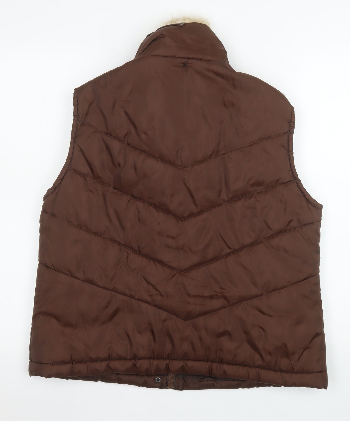 E-vie Women Brown Size 16 Puffer Fur Trim Sleeveless Waistcoat