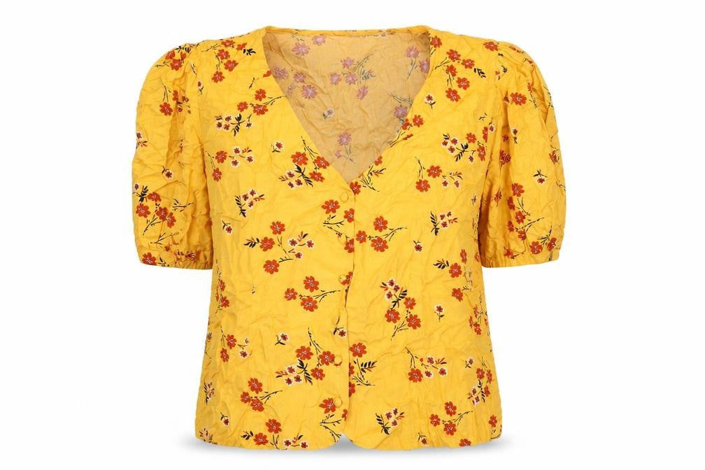 Front view of Peacocks Women's Yellow Floral Viscose Tunic Blouse, size 14