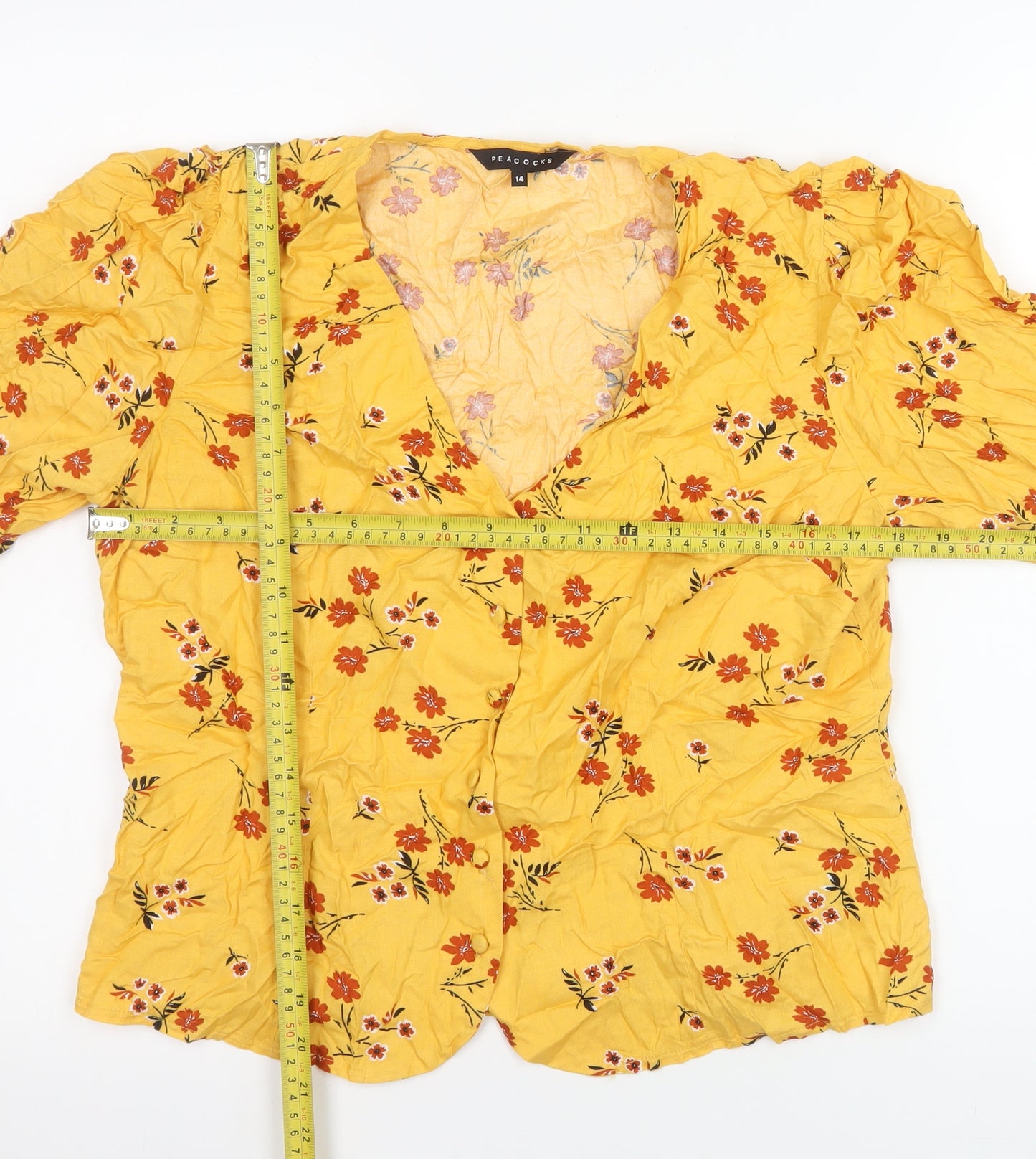 Peacocks Women's Yellow Floral Viscose Tunic Blouse Size 14