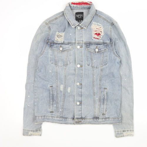boohooMAN Men's Blue Distressed Denim Jacket Size M