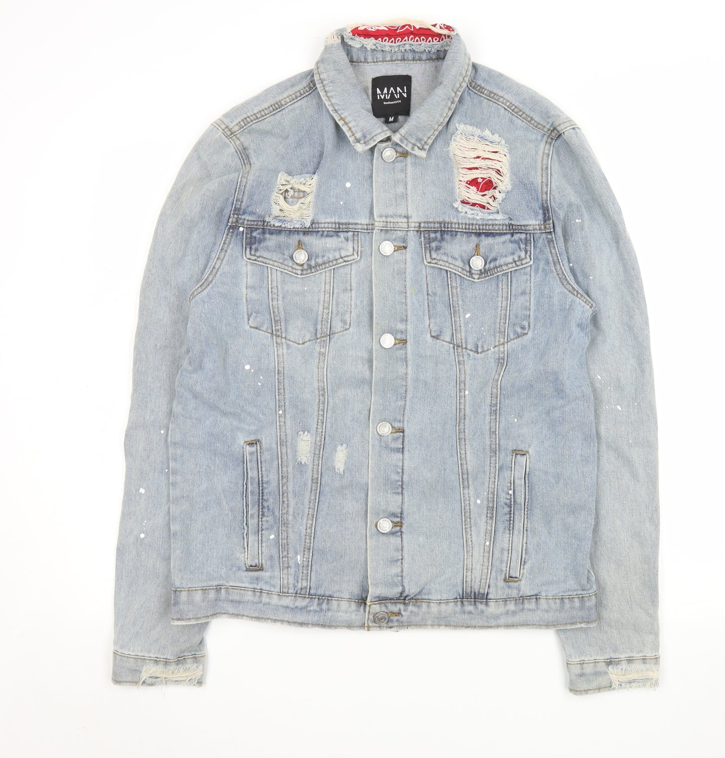 boohooMAN Men's Blue Distressed Denim Jacket Size M