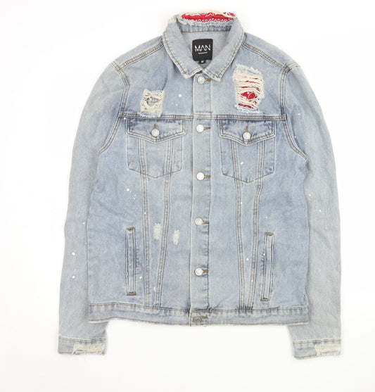 boohooMAN Men's Blue Distressed Denim Jacket Size M