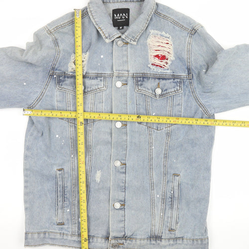 boohooMAN Men's Blue Distressed Denim Jacket Size M