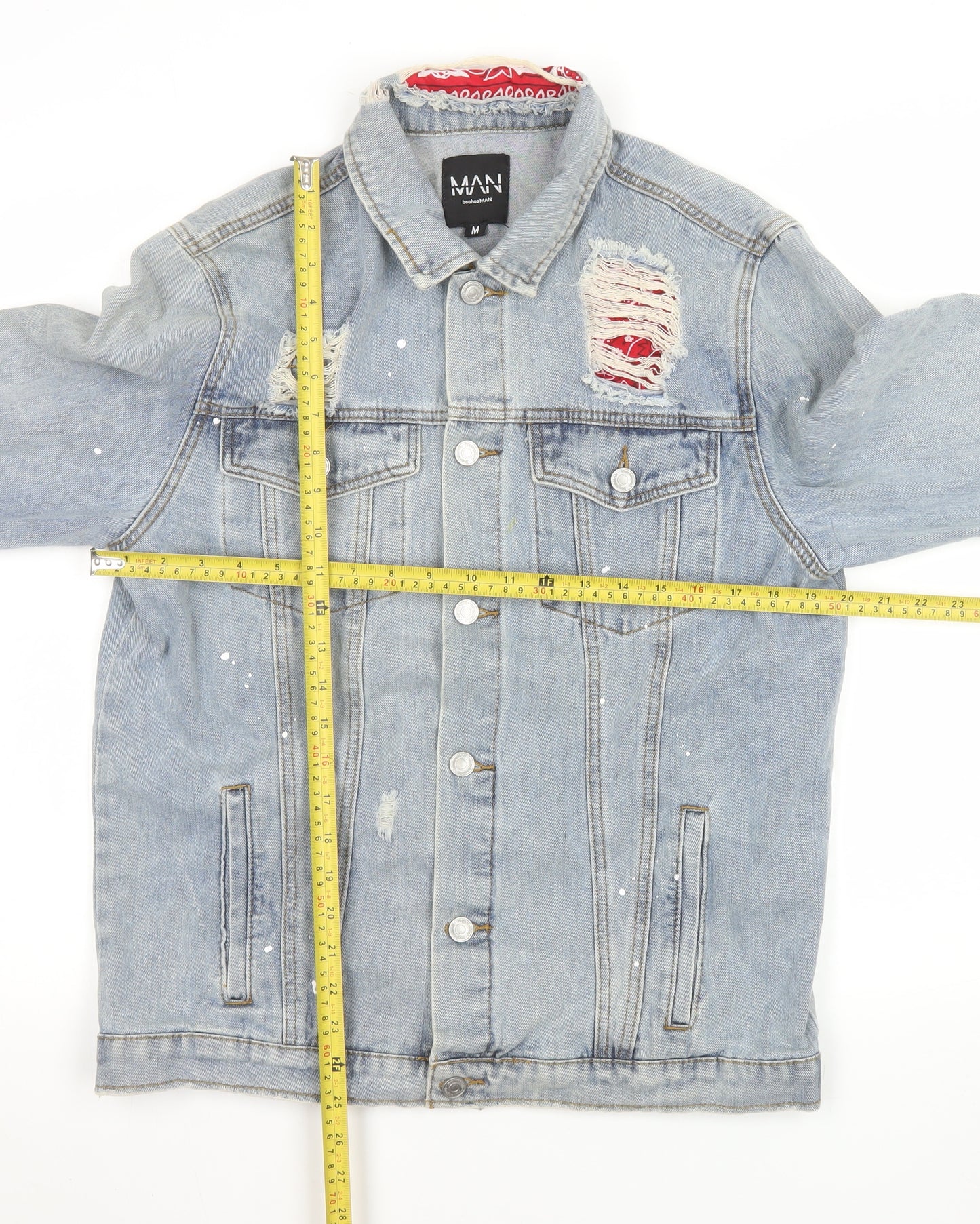 boohooMAN Men's Blue Distressed Denim Jacket Size M