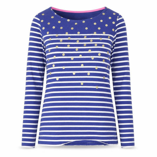 Front view of Boden Women Blue Striped Polka Dot Long Sleeve Cotton T-Shirt UK 8
