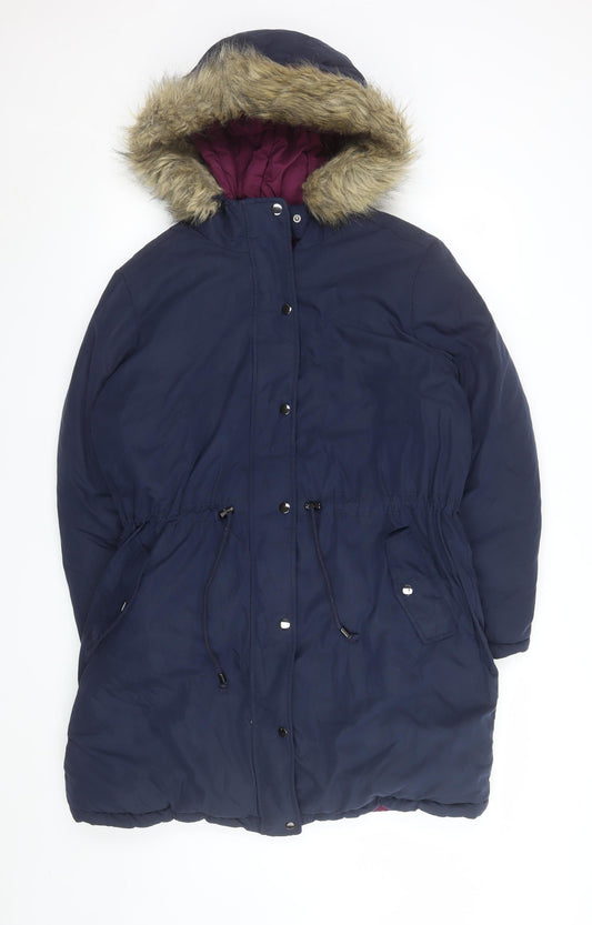 Marks and Spencer Women's Blue Faux Fur Trim Hooded Parka Coat UK 14