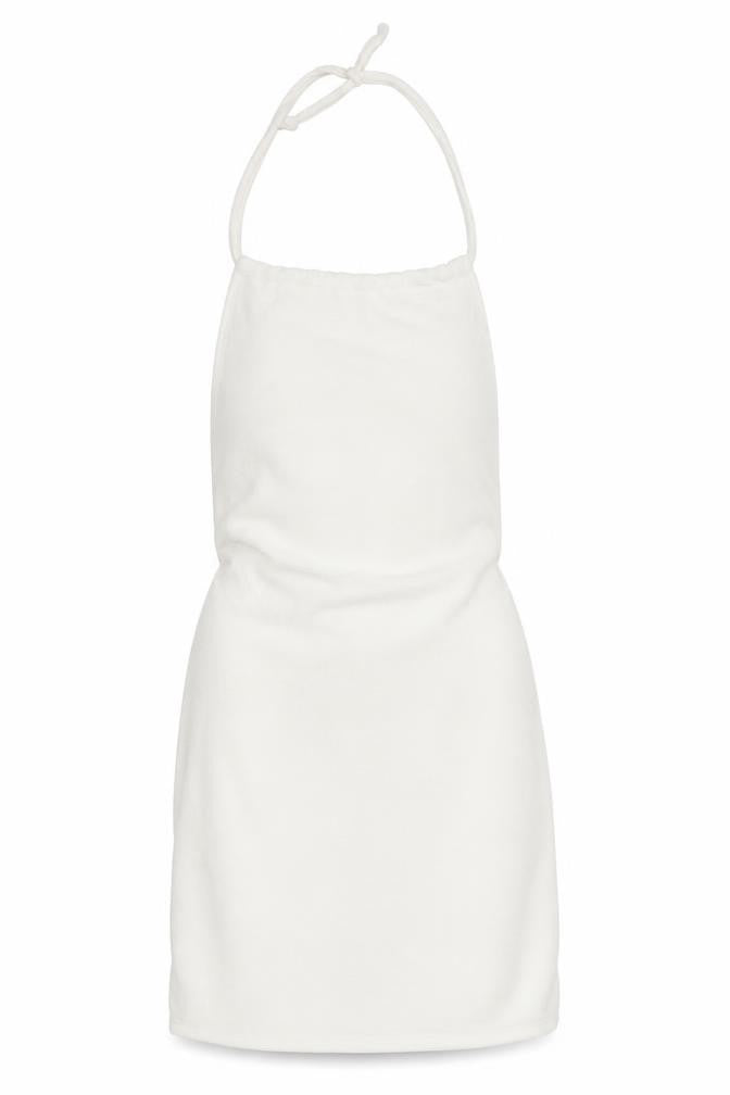Front view of PRETTYLITTLETHING women’s white halter bodycon dress, size UK 12