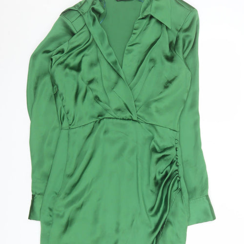 ZARA Women Green Satin Wrap Short Dress Long Sleeve Size S