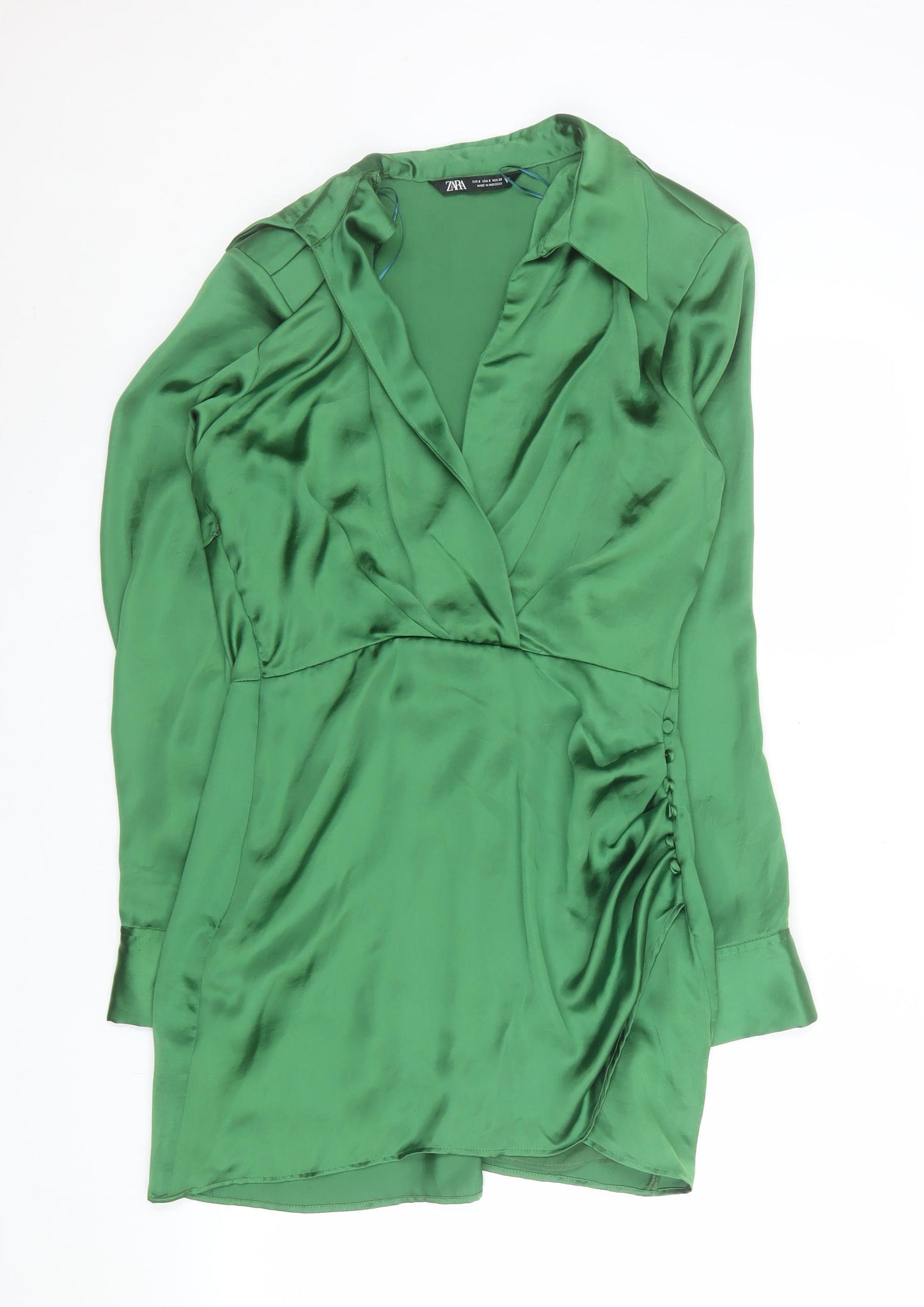 ZARA Women Green Satin Wrap Short Dress Long Sleeve Size S