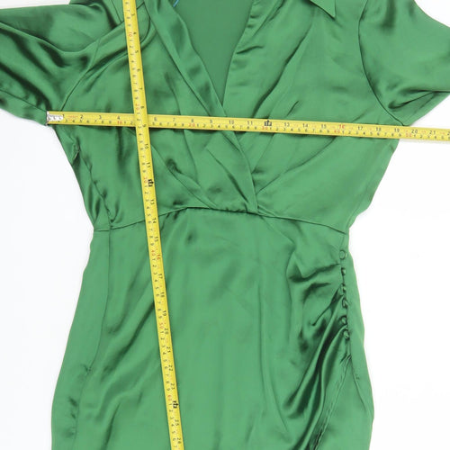 ZARA Women Green Satin Wrap Short Dress Long Sleeve Size S