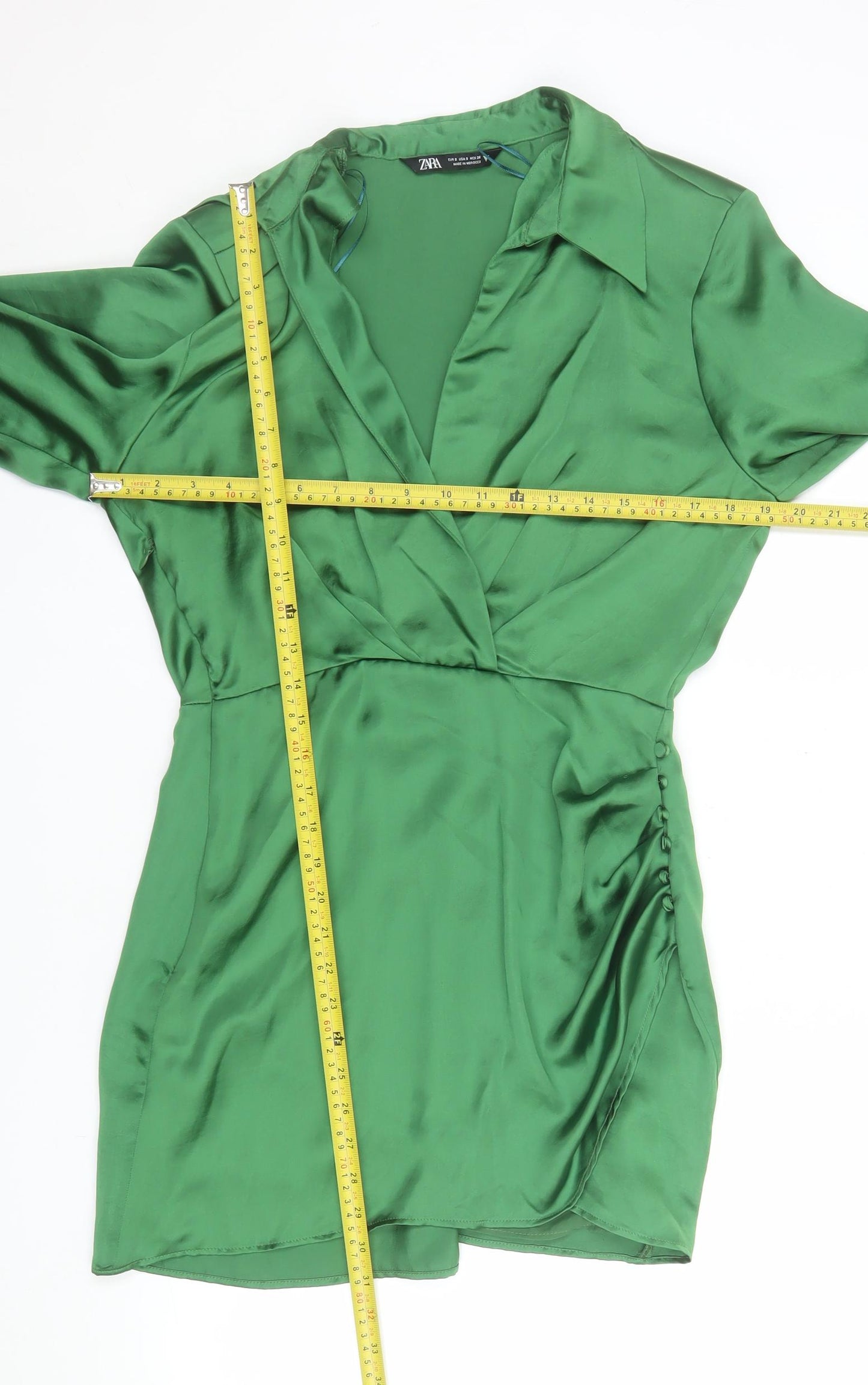 ZARA Women Green Satin Wrap Short Dress Long Sleeve Size S