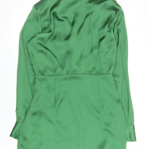 ZARA Women Green Satin Wrap Short Dress Long Sleeve Size S