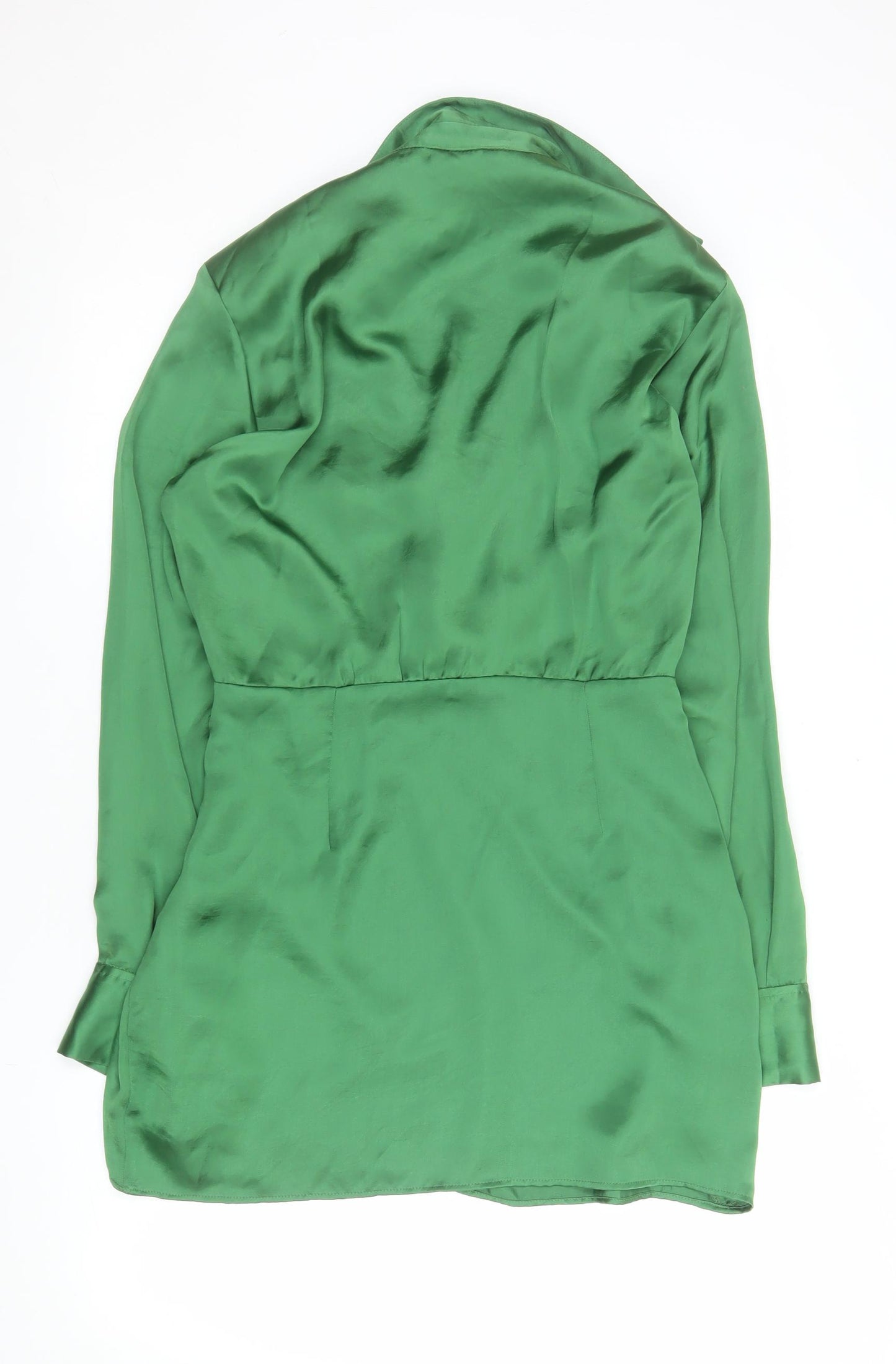 ZARA Women Green Satin Wrap Short Dress Long Sleeve Size S