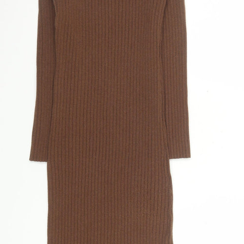 ASOS Women’s Brown Ribbed Knit Roll Neck Bodycon Midi Dress Size 10