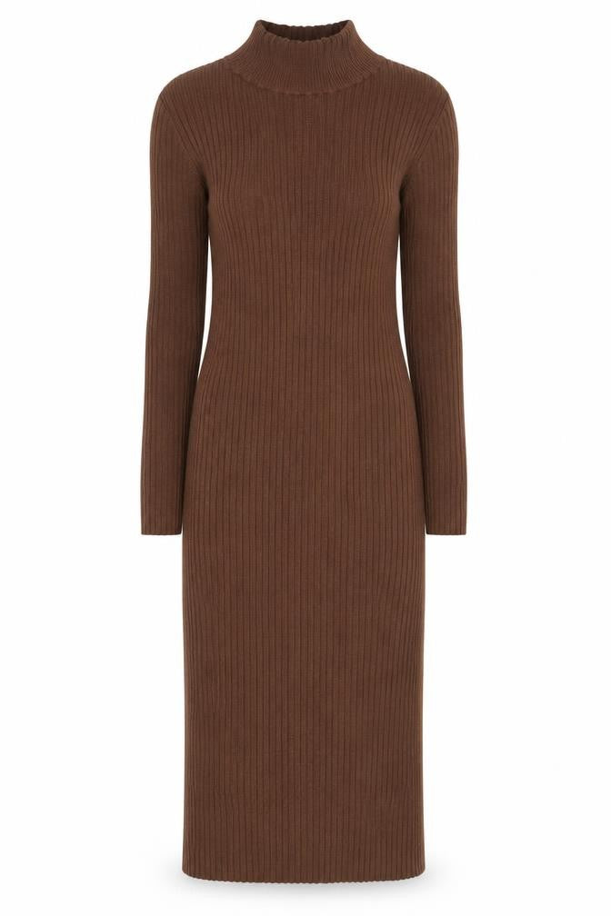ASOS Women’s Brown Ribbed Knit Roll Neck Bodycon Midi Dress Size 10